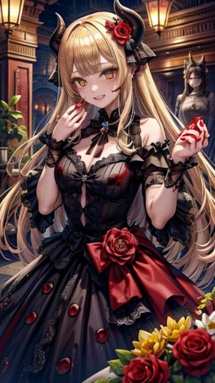 prompt: 8K resolution, Delicate features, , single, Unique pupils, 笑face, blonde, Princess Cut, Ribbon hair ornament, brooch, Shiny candy blue dress, Gold embroidery,Lolita Style, Gothic style, Facing the audience, Otaku Room, Female demon, Small lip width, lips are small, Embarrassed expression, Delicate features, Crazy Smile, Mouth wide open, Mouth open and teeth bared, wide lips, Very wide mouth, Frowning, Vermilion-tinted cheeks, blondeヘアー, Princess Cut, Ribbon hair ornament, brooch, Shiny candy blue dress, Gold embroidery,Lolita Style, Gothic style, Facing the audience, Otaku Room, Well-built body, Nice body, Ample breasts, Fleshy body,With eyes wide open、Scary atmosphere、Distorted facial expressions、ねじれた笑face、Bloody、Bleeding from the head、Blood splatter、whole body、Long Hair、Long bangs、(((Dark circles under the eyes)))、Pale skin、Feeling unwell、Pathological、邪悪な笑face、Crazy Eyes、(Grin)Dramatic makeup,Create mixed media art、Full body depiction on screen,whole body図,Well-built,Nice body,Shoulders wider,focus on,(face),Messy Hair,Yellow Eyes,(Glowing Eyes),(Blood splatter:1.7),Red light,笑face,big 笑face,tooth,psycho 笑face,gesugao,Dark city background,darkness,night,(close),Good Eyes, good teeth,サディスティックな笑face,,all,Shiny skin,詳細なface,Beautiful body,Adult,whole body油まみれで光沢感がある whole bodyから湯気が出ている Steam like a sauna room fills the entire screen. White breath from the mouth