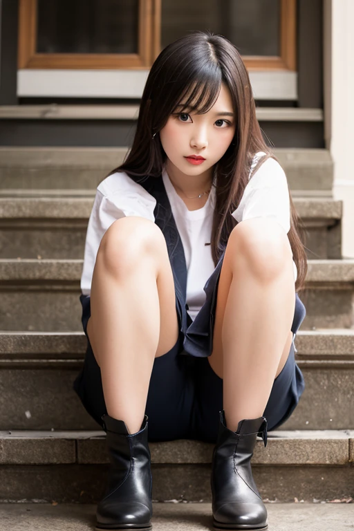Masterpiece, Photography, Best Quality, High Definition, High Definition Photography, nsfw, One Beautiful Japanese Girl, Raining, Clothes transparent through rain, ((short skirt in tatters)), (panties sticking to white skin), Sailor Suit, 16 year old, blushing face, urban sidewalk, sitting, many people in background, middle aged man staring, dark hair, long hair, bangs, white knee socks,