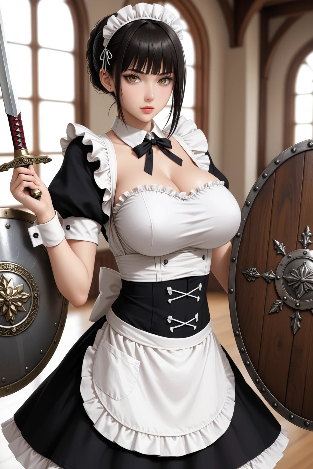 best quality, 8k, high resolution, ultra-detailed, extremely detailed, top quality, realistic, high resolution, cowboy shot, front view, assassin, looking at viewer, looking away, 1woman, maturefemale: 1.5, (long, black hair), braided, beautiful face, detailed eyes hidden behind a mask, beautiful body, toned, sleek arms, long legs in thigh-high boots, grasp, assassin holding a dagger, hidden in a maid outfit, maid outfit, black and white, frilled sleeves, long skirt, high boots, loose hair, curled, a single braid, bodice, tight-fitting,