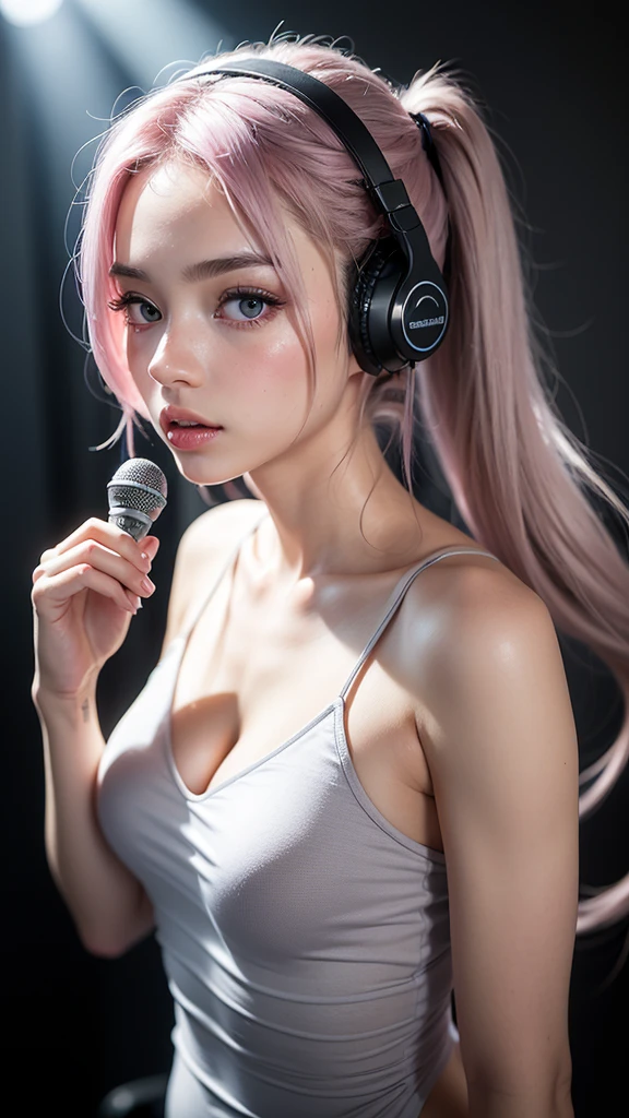 Gamer girl, egirl, tight clothes, skimpy panties, rainbow hair, dyed hair, vibrant hair, cum dripping down chin, cum leaking from mouth, cat ear headphones, busy background, petite girl, very pale skin, looking nervous, on knees, holding gaming controller, face coated in cum, sweaty, wet, pale blue skin, white eyes, 18 year old, realistic cum