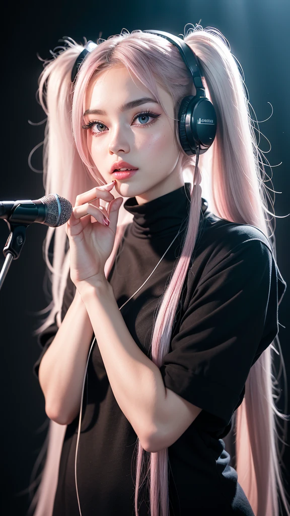 (A photo of a beautiful girl in fashionable casual clothes wearing headphones and singing into a recording microphone in a recording studio was posted on social media.) (The beautiful girl is 17 years old, 18% Japanese, 26% French, and 56% Ukrainian, 178 cm tall, small bust but stylish, with a beautiful, well-balanced figure.) (Her hair is pink ash gray and super long, tied in twin tails with black ribbons, and curls in a spiral toward the tip.) (Her eyebrows are the same color as her hair, thin, slightly thick and short, and her eyelashes are long.) (Her large blue eyes reflect the light of the lighting and are amazingly beautiful like pearls.) (Her nose is high like an English person, her lips are plump and shaped so that you want to kiss them, her skin is translucent white, and the balance between her head and face is in line with traditional Japanese aesthetics.) Her hands should have five fingers. Furthermore, even her nails are drawn very delicately. (Single, Masterpiece, Ultra Detailed, Highest Quality, Artistic Composition, Ultra Precision, Realistic, Photorealistic, High Resolution, Dynamic Lighting Effects, Golden Ratio, Surreal). Try your best to meet all these criteria.