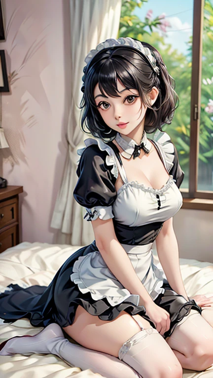 Babe, Beauty, teen maid, (big kink collar), cute, (submissive:1.8), teen, 1 girl, short girl, small girl, (look at me), big eyes, sexy maid wear, pigtail hair, envergonhada, cute, inocente, maquiagem carregada, escrava, submissa