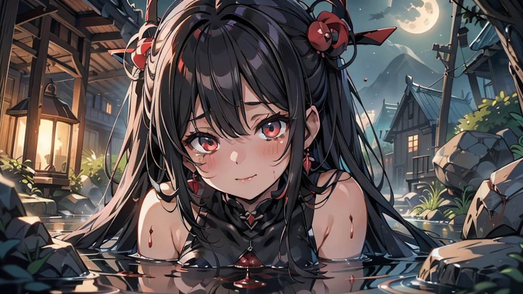 Black girl wearing jewels　Holding a black jewel。despair　anger　pain　pleasure　Resignation　dear　sorrow　destiny　Calm expression　Wooden bathhouse　bathing　full_Nude　Completely naked　Gothic Girl