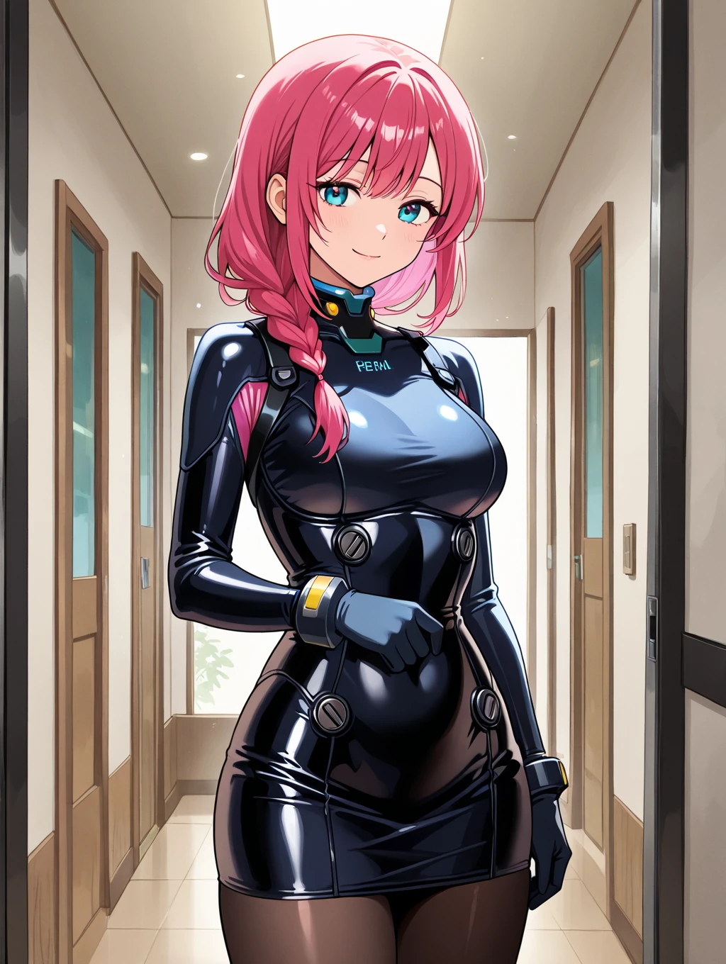 (8K, top-quality, masterpiece:1.2), (super detail), (one girl), (highly detailed), (beautifully detailed eyes), (of the highest quality), (super detailed), (masterpiece), (detailed face), (20yr old), (1 girl), (pink hair, long hair), (medium breasts), (clothed), (perfect lighting), BREAK, (upper body:1.5), (wavy pink long hair), (relaxed smile), (soft bedroom background), (soft lighting, natural light from window), BREAK, (dark blue glossy catsuit:1.5), (futuristic:1.2), (active silhouette:1.3), (glossy stretch fabric:1.4), (mesh bodysuit:1.3), (decorative cutouts:1.2), (sapphire blue belt:1.4), (high-heeled boots:1.3), (geometric earrings:1.2), (armband:1.2), BREAK

