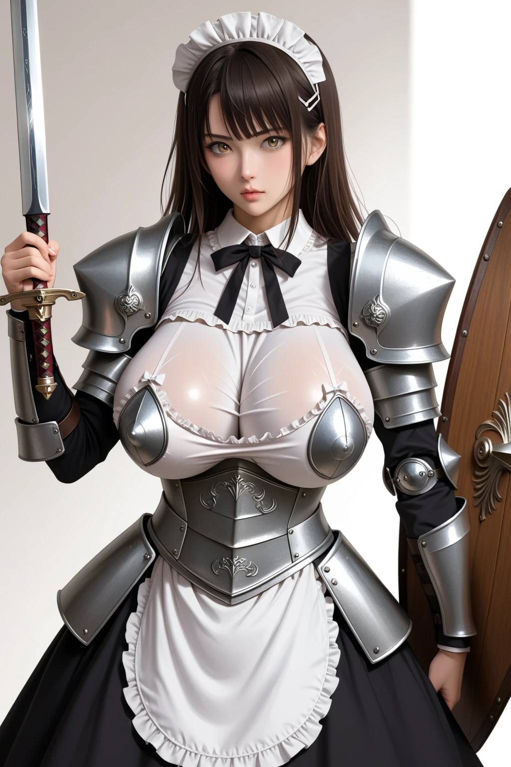 (((huge tit、Beautiful nipples、large areola))),(Shiny skin、Oiled skin, glistning skin、high gloss skin,、eye liner、Eye lashes)、(masutepiece, Best Quality),(very intricate:1.3), (Realistic), 1girl in, A MILF, Caucasian, Perfect eyes, Perfect iris, perfect pupils, Perfect lips,Perfect nose, Perfect hands, Highly detailed hands, Perfect fingers,(Brown hair、Wavy hair、Medium hair) , Small braid in her hair, (Medieval armor), metal reflective, (((Silver armor))), Medieval Europe、old castle interior,Stone walls、 (Ornately decorated armor), (Insanely detailed), Chainmail,, professional photograph of a stunning woman detailed, Sharp Focus, awardwinning, Cinematic lighting, Blurry background, Upper body, ((which are full of confidence)), (Looking at the camera、red blush),mechs,femele、Idol、22year old,(Cool beauties、a smile)、Hair that flutters in the wind、Wet、Hands on the chest