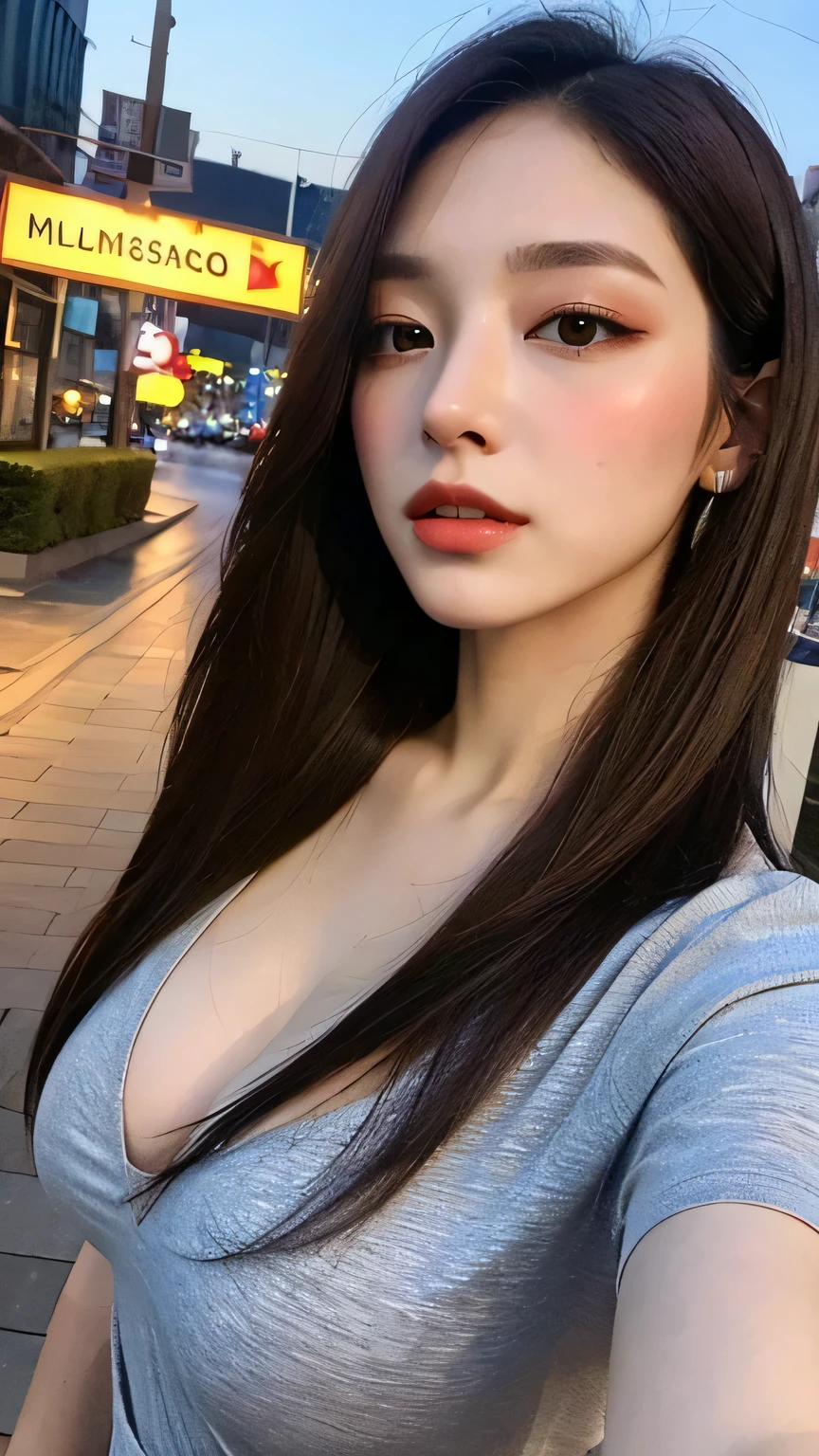 (((selfie))), ((Midnight, Best quality, 8k, Masterpiece :1.3, Photorealistic:)), Whole body, Long legs, Ultra High Resolution, Sharp focus :1.2, A pretty woman with perfect figure :1.4, Slender abs :1.1, ((Dark brown hair, Big breasts :1.2)), (nude, naked, thighs,, standing in front of beach, night sky, skyline), Highly detailed face and skin texture, Detailed eyes, Double eyelid,