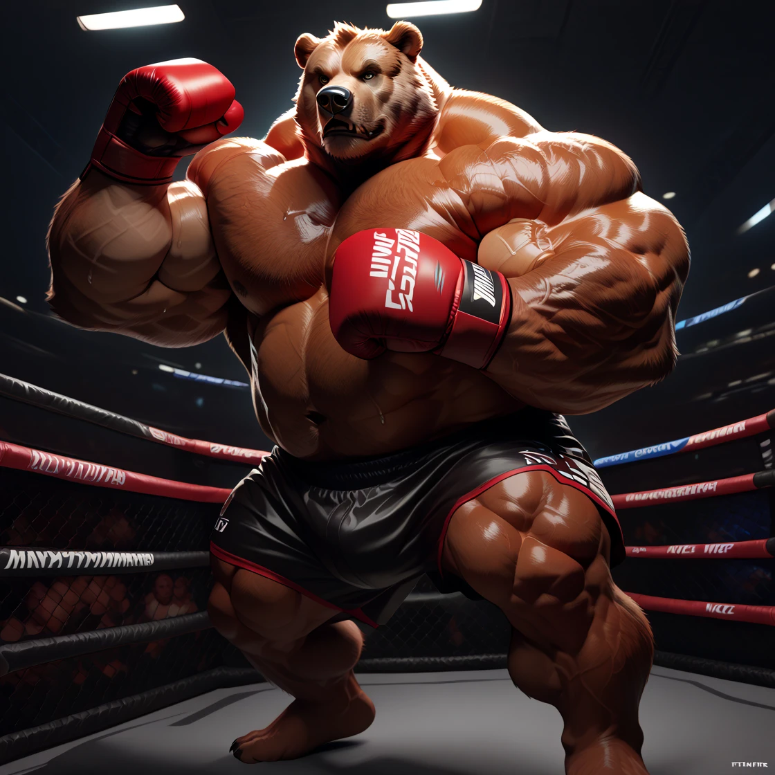 solo, 1boy, perfect anatomy, (bears:1), ground view, wrinkles skin, low shoot, down view, perfect proportional, thick furry body, thick thighs, big eyes, grin, perfect fingers, big paw hand, fingers. Huge Muscular Old grizzly bear with short hair, shoes ,(red kickboxing MMA gloves, black kickboxing MMA shorts, black kickboxing MMA footwear), practicing, training, kicking, punching, brown pectoral, thick hairy pectorals, huge pectoral, wide pectoral, white hair, white beards, brown fur, masterpiece, semirealistic:1.2, high detailed, 8k, high resolution, perfect center, full view. ((really big muscle, massive muscular, thick brown fur, sixpack, thick hairy arms, wide pectoral, super huge muscle, hyper muscular, over sized muscle, huge arms, big hairy arms, huge pectoral))