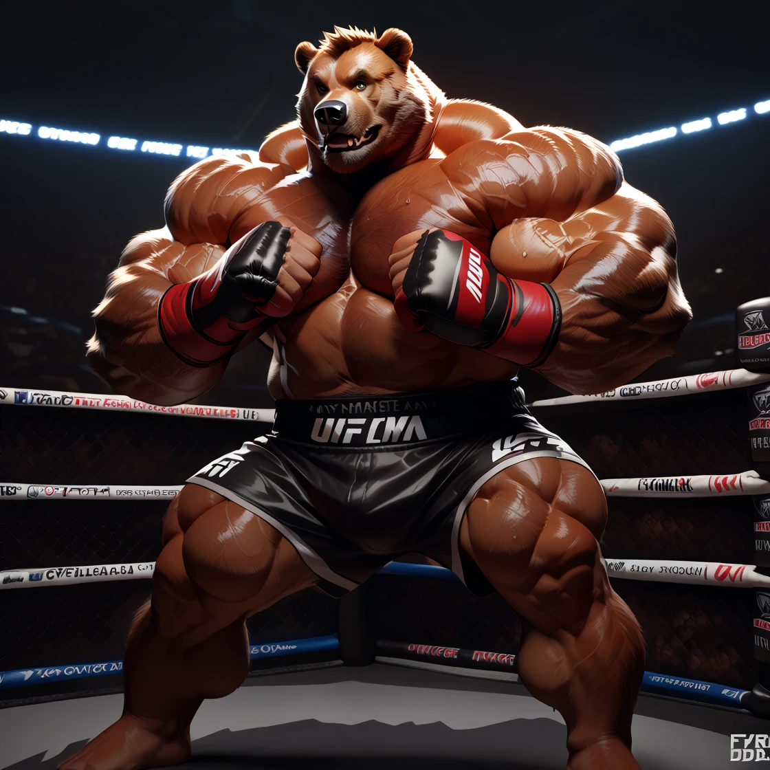 a huge muscular grizzly bear, shirtless, wearing MMA shorts and fighting gloves, powerful and ferocious expression, in a fighting pose, detailed fur texture, high contrast lighting, cinematic dramatic lighting, dark atmospheric background