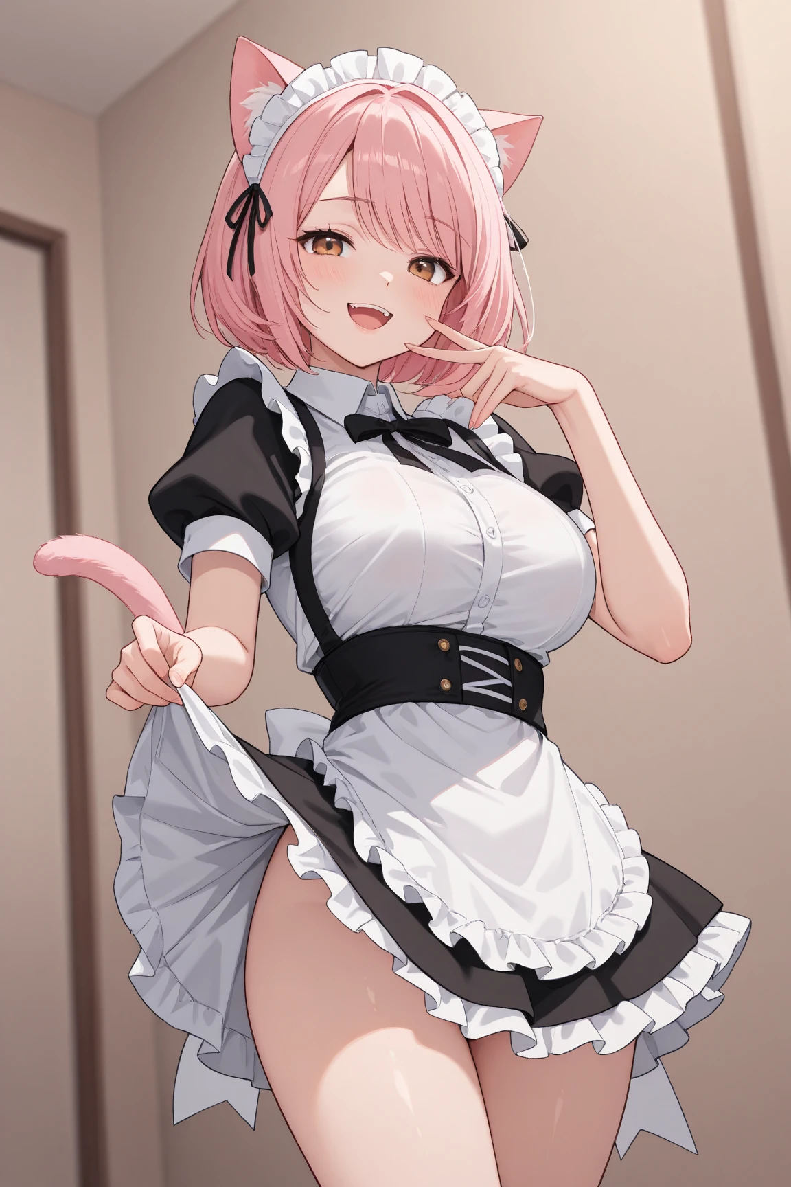 highest quality、masterpiece、((1 girl:1.5))、((smile:1.3))、(blush:1.4)、Black Shirt、blouse、((fun!!))、(Small breasts)、(Pink)、Blonde、(Long sleeve)、((White apron:1.5))、((Maid))、((hair ornaments)),、Kamimei、look at me、 ((in house:1.5))、 Taking a break from watching the audience、Cowboy Shot、((Shaved:1.5))、(Roll-up skirt:1.3)、(Fully exposed and highly detailed labia:1.5)、((Skirt lift:1.5)),()、()、、(スカート that rolls up:1.3)、()、Light blue eyes、long hair、Glowing Eyes
