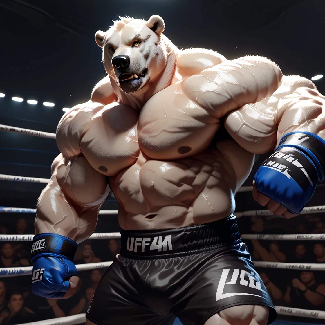 a Hyena in a boxing ring, furry chest, furry body, fluffy chest, muscular, boxing gloves, SFW, Sexybody, anthropomorphic, extra detailed body, detailed body, Best quality, masterpiece, ultra high res,detailed background,realistic, real shadow and light,depth of field, (looking at the viewer), details skin, fluffy, big package, angry face, bad boy, sweaty, Hyena, huge crotch, brief.