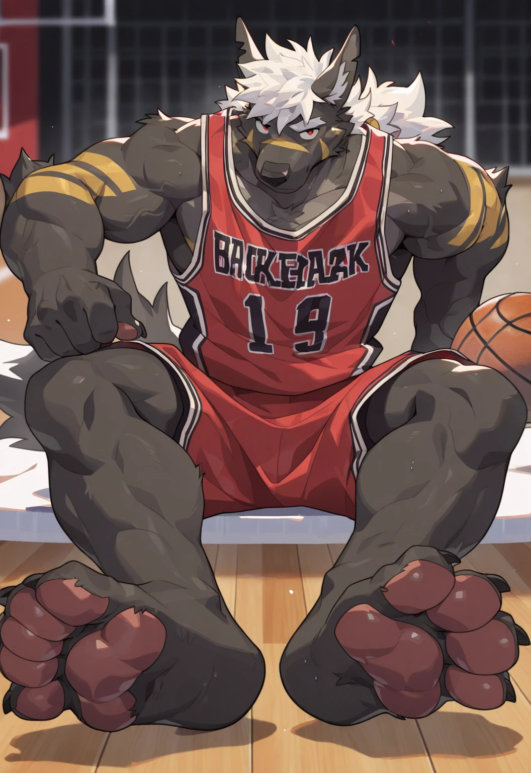Publaz, ((golden dragon)), golden fur, two tone, golden eyes, (muscle发达的身体:1.3), perfect eyes, Handsome, nice,(Basketball clothes), (on the playground),(Express), sports field background,(close up),(Happy eyes:1.2),look at screen,(dragon horn),(dragon tail),Different pupils,perfect masterpiece,(16k),white belly,solo,((strong)),(sports field background),(sweat),bulge,Perfect proportion,front,blush,(wave hello and look at you:1.5),(Basketball in hand:1.3),(Open your mouth slightly and gasp.:1.2),(close distance:1.2),(clothes soaked with sweat:1,3),strong,muscle,more details,cg