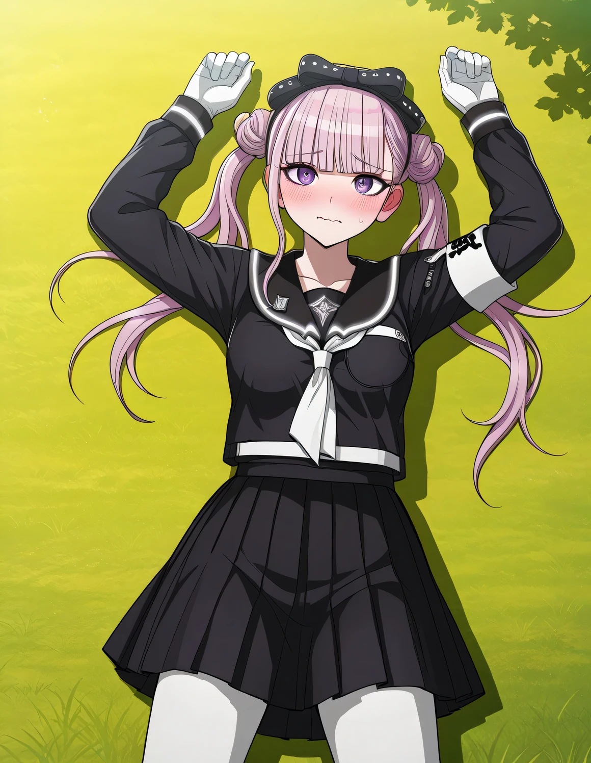 kako, pink hair, purple eyes, twintails, double bun, bow, blunt bangs, black serafuku, black skirt, armband, white gloves, white pantyhose, game screencap, high quality, solo, lying, on back, arms up, legs apart, cowboy shot, closed mouth, wavy mouth, shy, on field, looking at viewer, best quality,