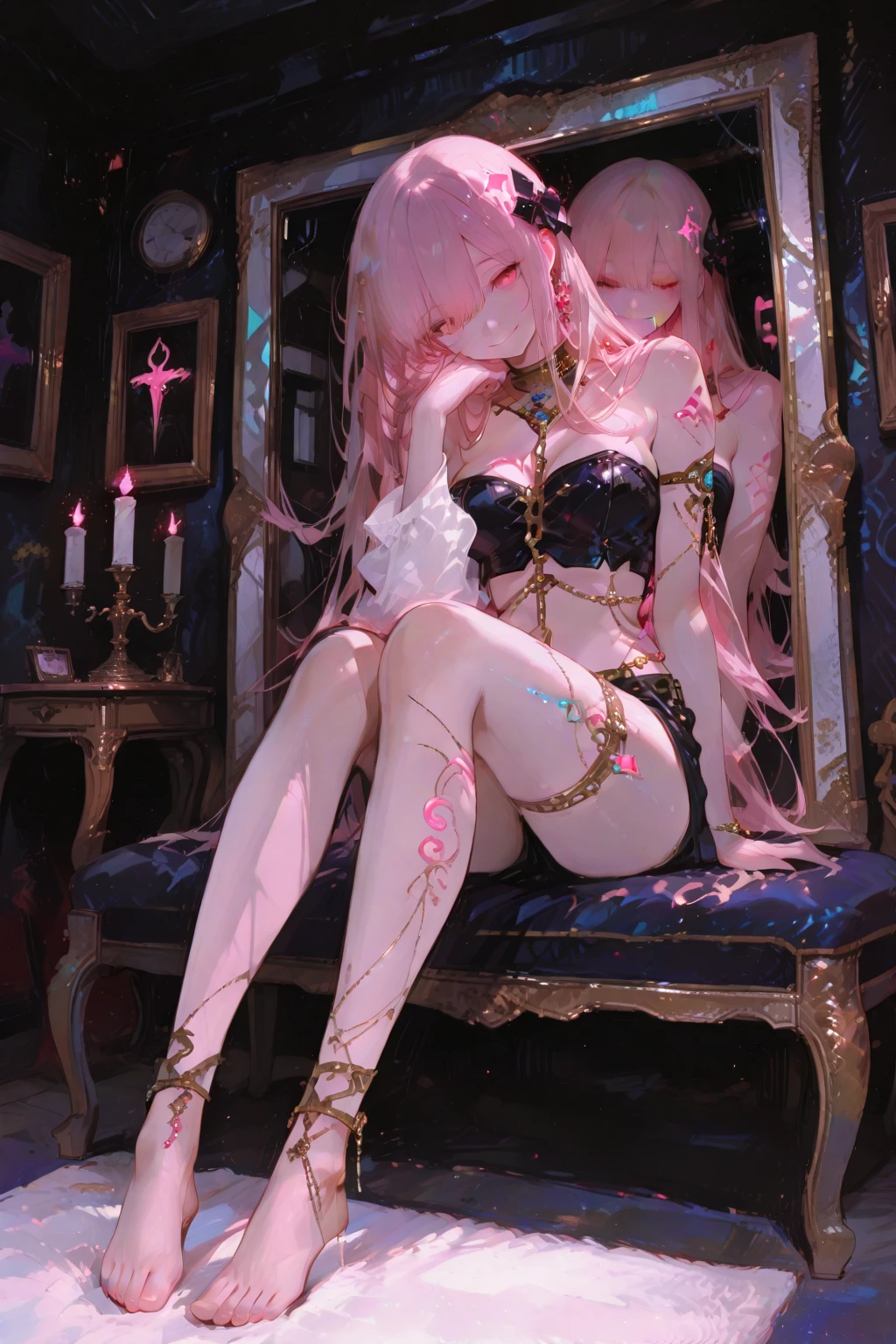 (masterpiece, top quality, best quality, official art, Beauty and aesthetics: 1.2), (1 girl), Extreme details, (fractal art: 1.3), rich and colorful, most detailed, Toothless,Purple pink underwear,Sit in a chair and spread your legs