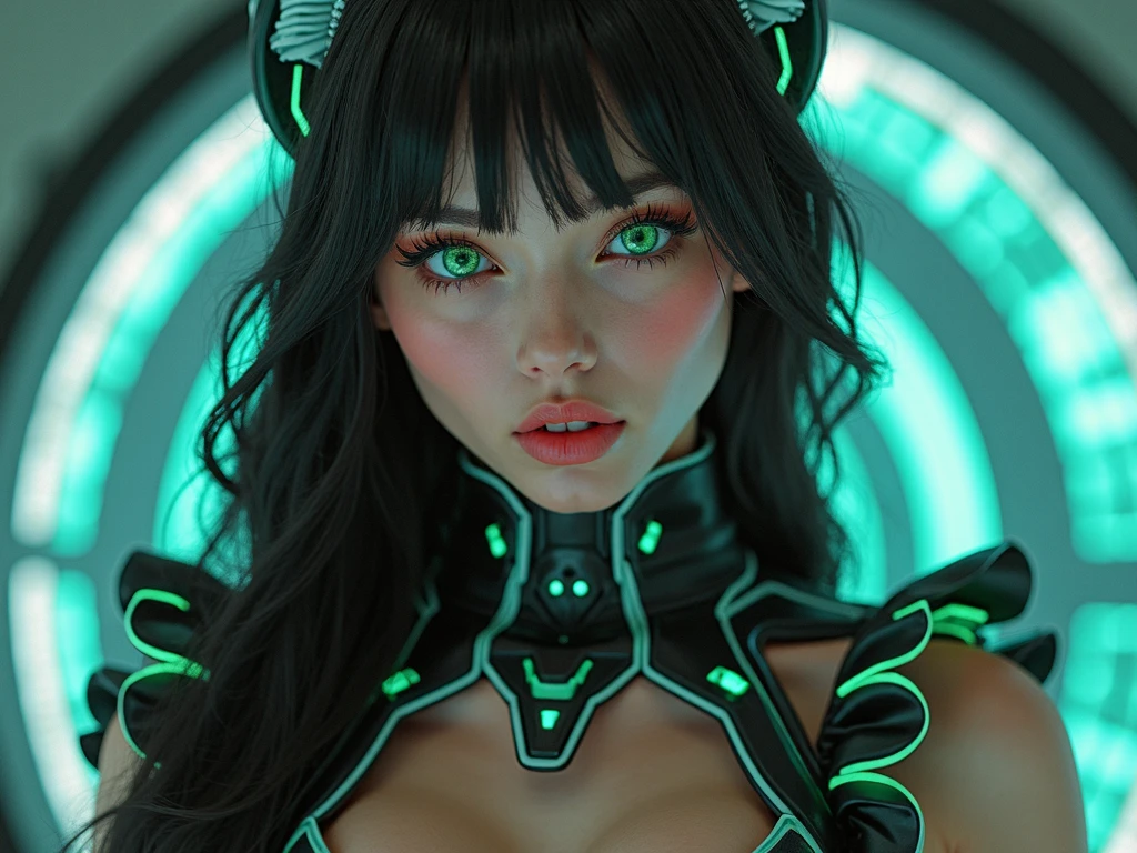 Kizi, robotic goddess, half-human, half-robot, pele humana realisitic, long  hair, dark haired, pose lateral, Robotic Parts, partially human appearance, might, smart, realisitic, QUALITY IMAGE, dystopian background l, Technological Fund, futuristic technology, human race, アニメ, Influence, hacker, clear mechanical parts, contrast with neon green in the details 
