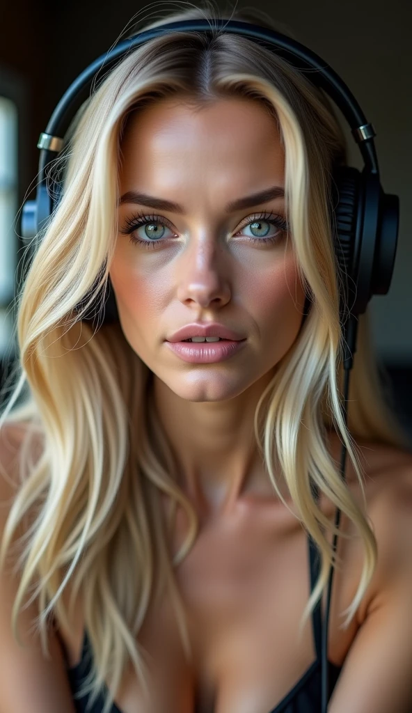 beautfull woman, blondie hair, headsets, clear eyes, skin fair