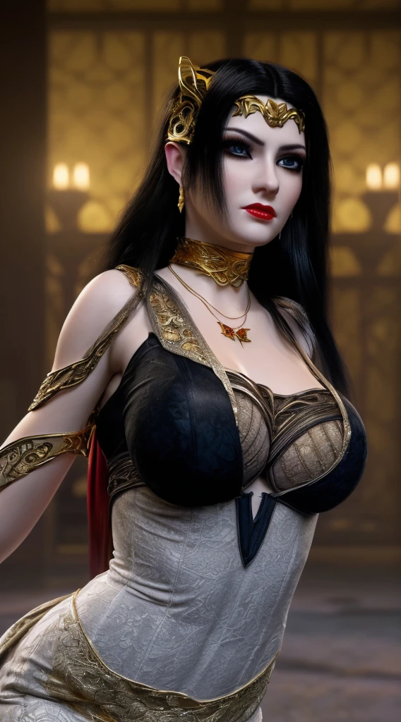 masterpiece, highest quality, RAW, analog style, A stunning portrait of a beautiful woman, morrigan, breast, wearing a mage robe, ((highly detailed skin, skin details)), sharp focus, 8k UHD, DSLR, high quality, film grain, Fujifilm XT3, frowning, intricately details, highly detailed, cluttered and detailed background