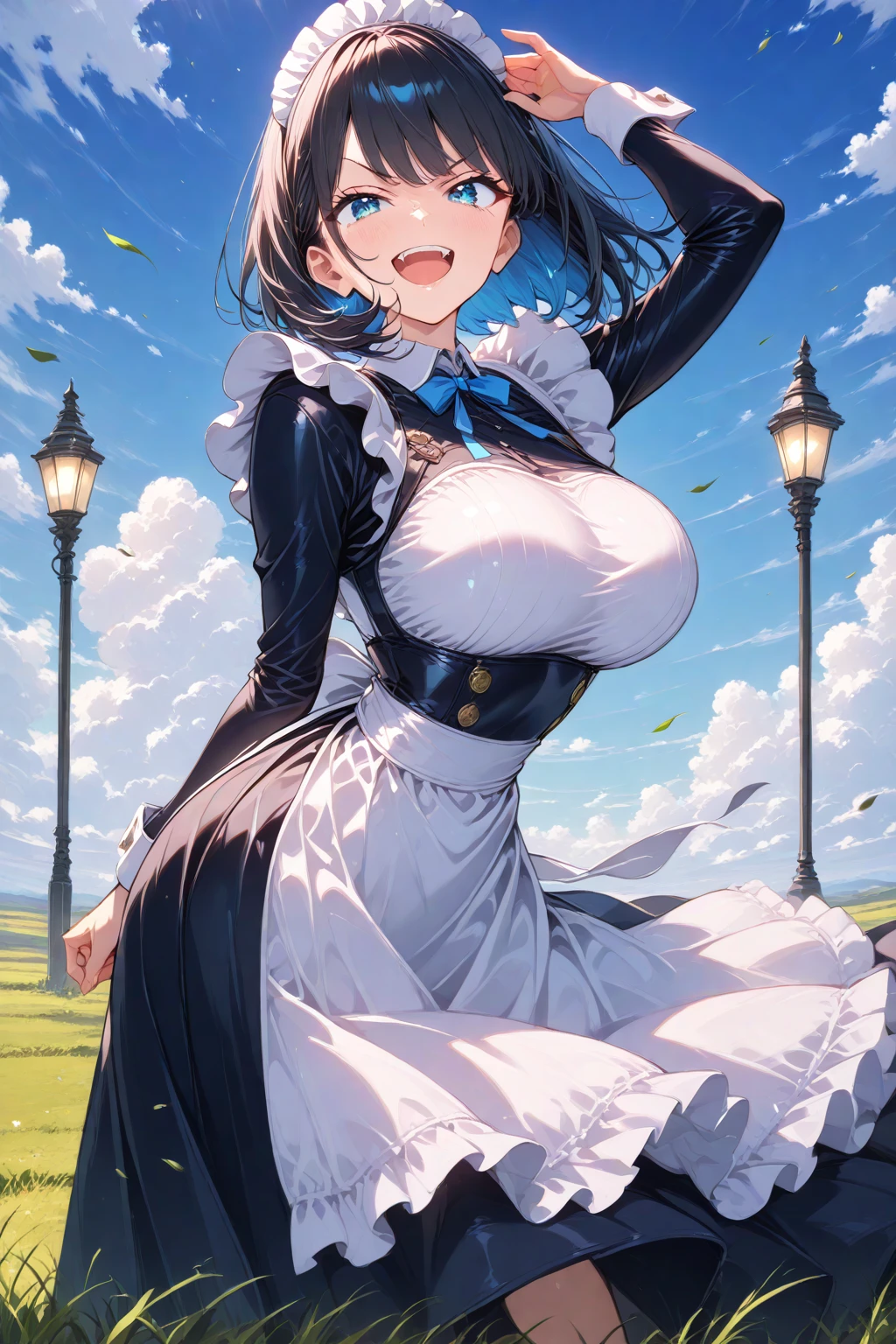 Main piece、high quality、High resolution、1 girl,single, Ruka Sarashina、jewelry、skirt、Maid uniform with bare chest、Japan maid café、black hairの女性、short hair、black hair、black pantyhose, blue eyes, long sleeve, Blue Hair Band, bangs, big breasts, cleavage, Medium waist, medium hips, wide thighs, Cowboy photos, smile, Charm, embarrassing, blush、large crowd of people, looking at the viewer,from below、high angle,とてもbig breasts、cleavage、No bra、No panties、No panties、非常に短いskirt、nipple、nippleを出す、Rubbing your own chest with both hands、Pose that emphasizes the chest、breast enhancement、1 girlと男の子1名, hetero, kiss, close your eyes, saliva, hug, blush, saliva trai、I feel it