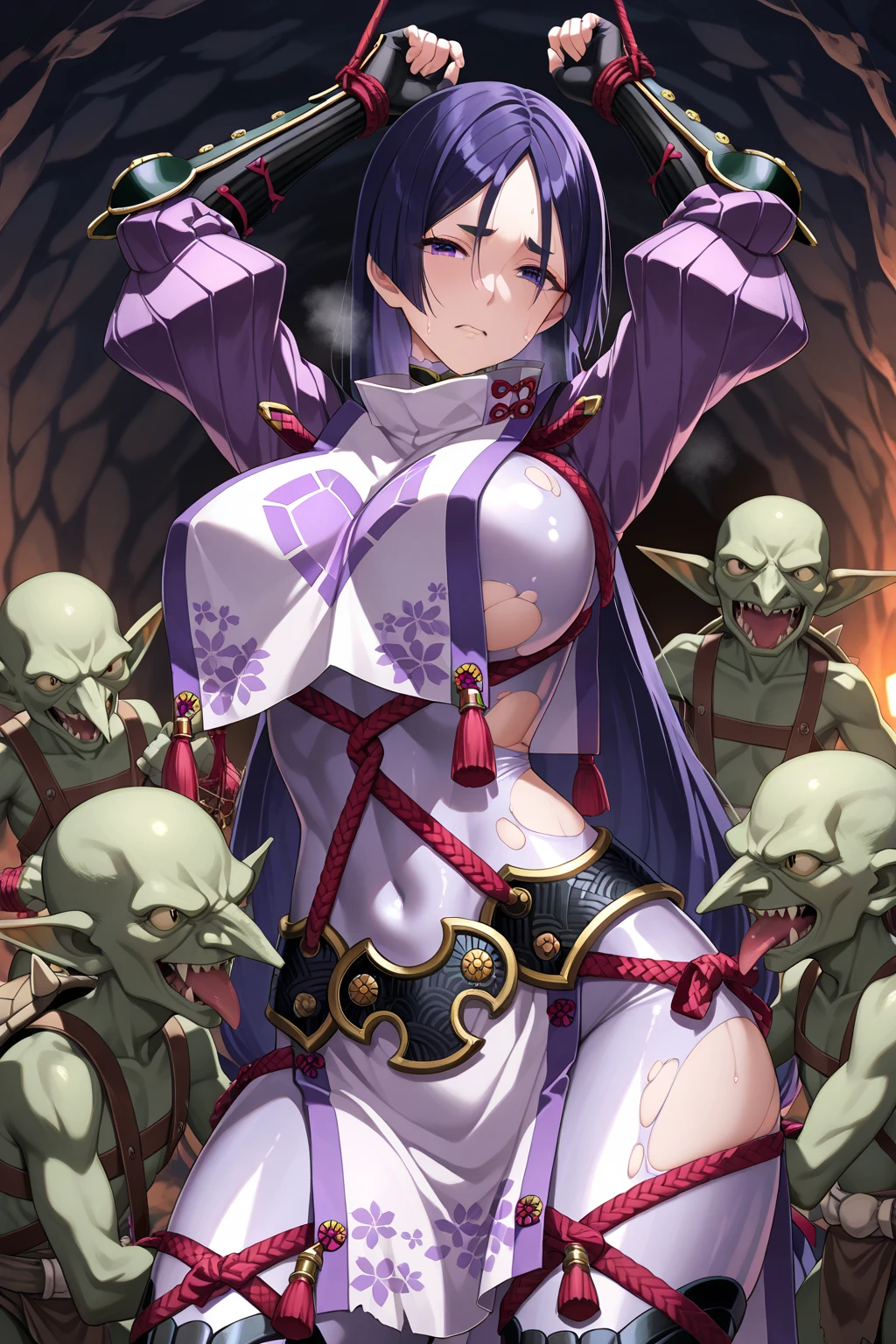masterpiece, (goblinriding, a goblin is riding a girl), goblin, multiple goblins, goblins, (all fours), 1girl, (dress:1.1), (nose hook), reins, collar, chain, rope, obey, happy trance, smile, hair ornaments, huge breast, large breast, expressionless, emotionless, blank eyes, empty eyes, mind control, HENRIETTA, PURPLE_HAIR, BLUE_EYES, PRINCESS, CROWN, TIARA, apocalyptic background, torn clothes, goblin gangbang, monster, horror, glowing eyes, blood on face, blood on clothes