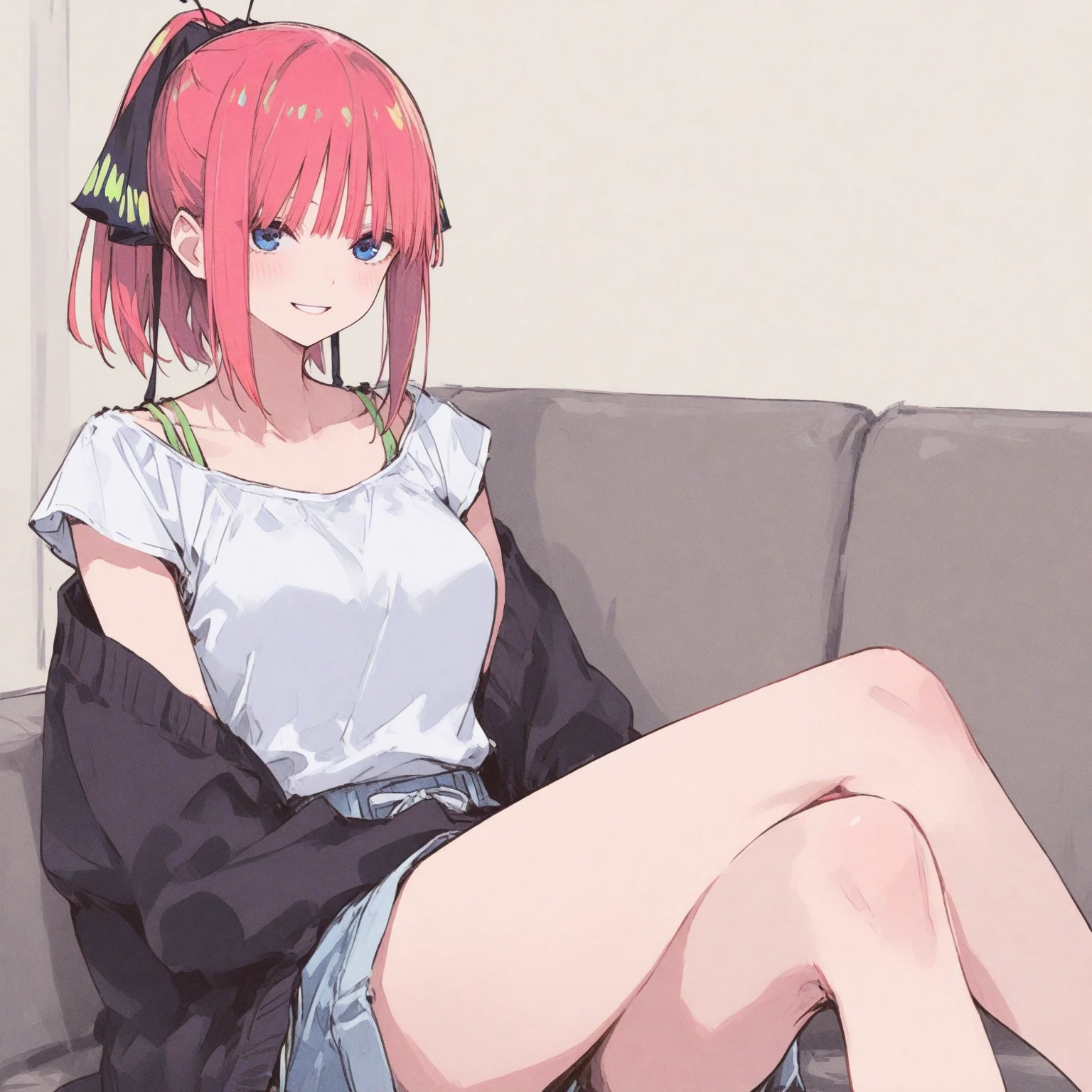 (8K, Highest quality, Highest quality, masterpiece), sit on the floor, (denim hot micro shorts), (shorts aside & vulva peek), big breasts, ((spread legs 1:2)), (fullbody), ((seductive grin)), nn1, 1girl, hair ribbon, long hair, anime girl