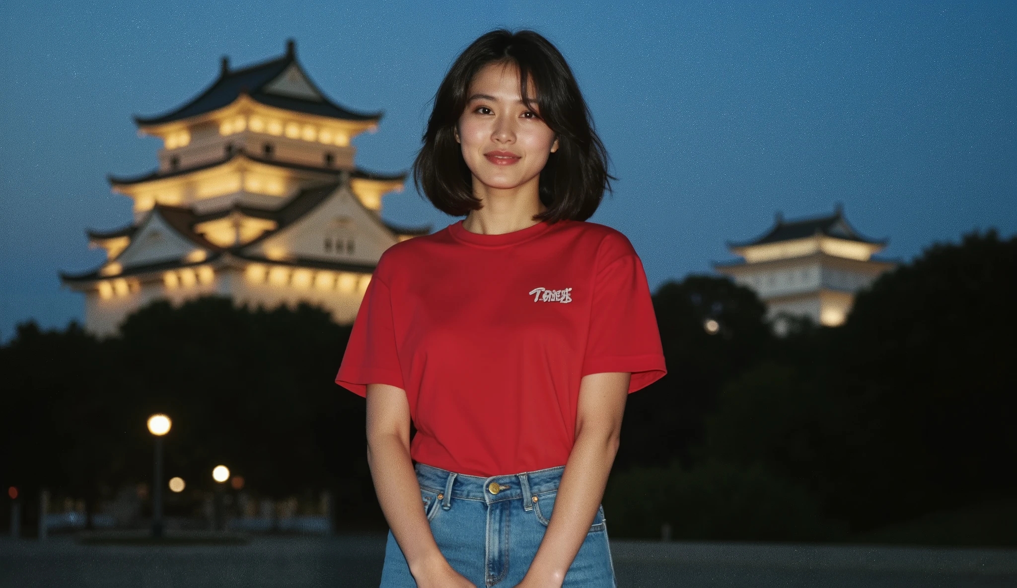 A nostalgic 1980s Japanese scene in Kumamoto, with the majestic Kumamoto Castle in the background.
In the center stands a beautiful young Japanese woman in her 20s, shown from head to knees. She wears a retro red 1980s T-shirt with a small graphic, high-waisted blue jeans, and has soft, wavy bob hair.
Her face is perfect: beautiful, symmetrical, highly detailed eyes, soft smile.
The background features vintage Showa-era atmosphere with Kumamoto Castle lit up at night, soft film colors, warm muted tones, nostalgic mood, slight film grain. Fixed camera, eye-level, 16:9, ultra-high detail.