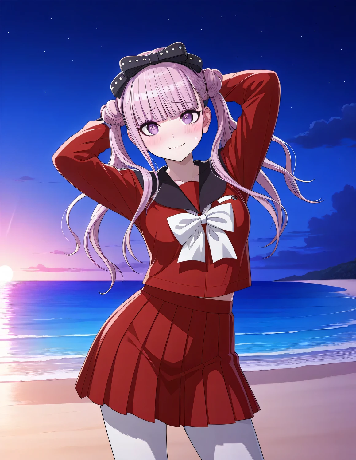 kako, pink hair, purple eyes, twintails, double bun, bow, blunt bangs, red serafuku, black sailor collar, red skirt, white pantyhose, game cg, high quality, closed mouth, solo, cowboy shot, night sky, beach, arms behind head, ((contrapposto)), looking at viewer, wavy mouth, shy, smile, best quality,
