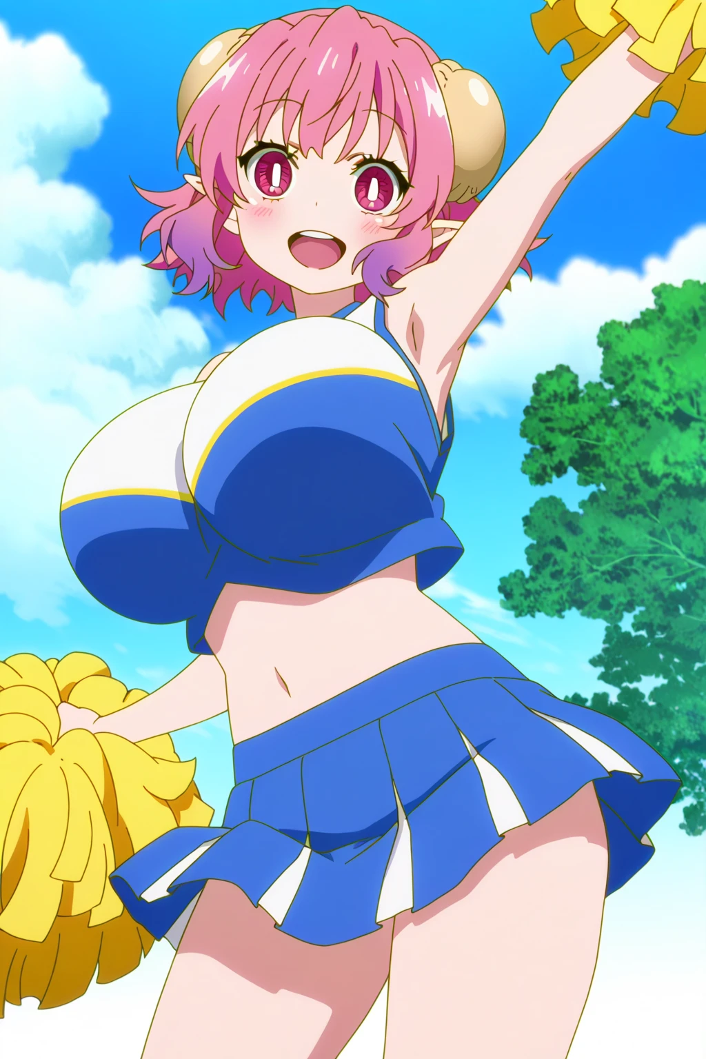 score_9, score_8_up, score_7_up, score_6_up, score_5_up, score_4_up, BREAK, source_anime, 1girl, ran, long hair, bangs, pink hair, bow, hair bow, red bow, pink eyes, large breasts, erect nipples, (wearing a cheerleader uniform, extremely micro skirt, sleeveless, dancing), dutch angle, cowboy shot, smile, open mouth, looking at viewer, huge breasts, erect nipples, chichibukuro, futa, penis, cum burst, school ground, blurry background, bokeh, pose, photo shoot, solo, 1girl, spread legs, Unshaven Pubic Hair, sikinny, narrow waist