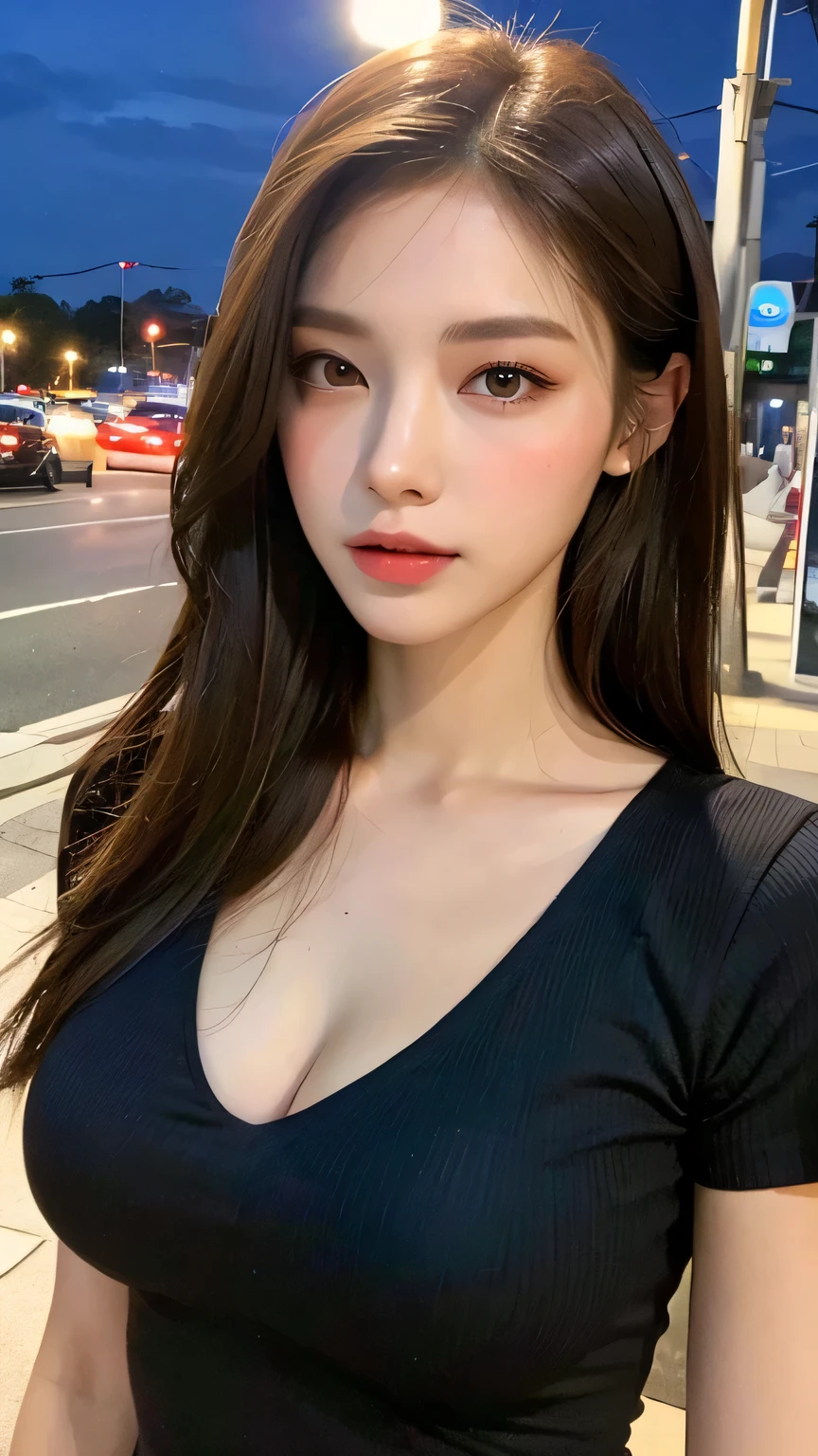 ((Realistic lighting, Best quality, 8K, Masterpiece: 1.3)), Clear focus: 1.2, 1girl, Perfect Body Beauty: 1.4, Slim Abs: 1.1, ((Dark Brown Hair, Big Breasts: 1.3)), (Aqua Dress: 1.4), (Outdoor: 1.1), City Street, Super Fine Face, Fine Eyes, Double Eyelids, Exposed cleavage