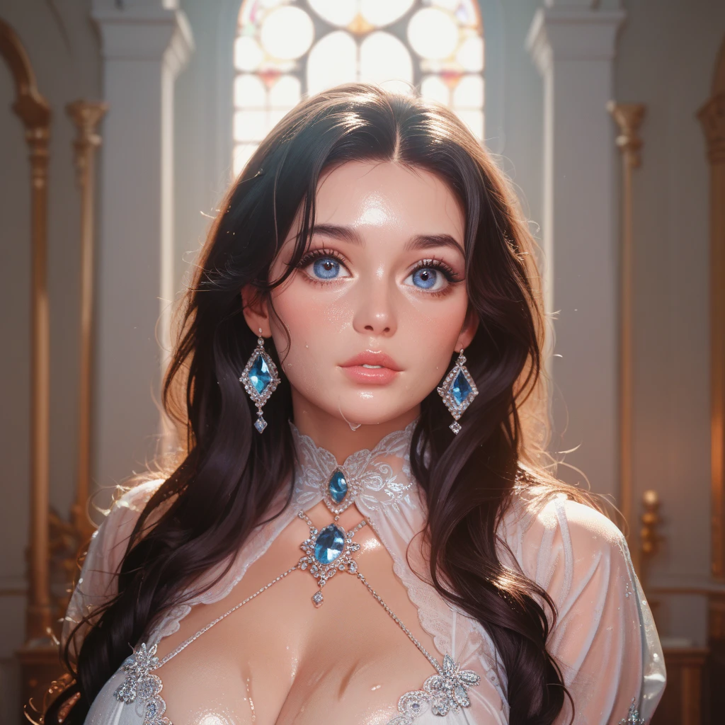 (Expression of ecstasy:1.2), From Side, Photorealistic, Official art, Unity 8k wallpapr, 8K Portrait, Best Quality, Very high resolution, (Incredibly beautiful nature background:1.6), One girl, One beautiful teenage italian girl, sixteen years old, Obscene, (Sexy and glamorous:1.1), (A coquettish expression:1.6), (small breasts with raised pink areolas,,,,,,:1.6), Vulgarity, (seductively smiling:1.2), (full body1.0), (erotic posing:1.5), (Magic Attack Pose:1.6),(magical effects like sparkles or energy:1.5), (Electric shock from hands:1.1), (Detailed blue bodysuit with beautiful fractal or marble design:1.5), (Beautiful and d delicate ruby, topaz, emerald and sapphire jewelry:1.45), Beautiful seductive face, Portrait, (Thick eyebrows:1.2), (Big purple eyes:1.2), Beautiful eyes with fine symmetry, (Ultra detailed eyes:1.4), (High resolution eyes:1.1), Intimate face, (ultra detailed skin texture:1.4), White skin, pale skin, Perfect Anatomy, Thin, (Beautiful toned body:1.1), Hair Bow, (Moist skin:1.1), full of sweat, No makeup, dark circles, Good anatomy, Focus Face, Good looking ing, (Emilia Clark:0.6) (Emma watson:0.3),(Jennifer Connelly:0.4), (sensual face:1.5), Elegant face, Nice, Dolce, Cyberpunk Sci-Fi, (Gauntlets with intricate and beautiful designs:1.2), Blurred background, Blurred foreground, depth of fields, (Motion Blur:1.1), Complex and colorful biomechanical bodysuit, Zentangle, mandalas, Entangled, (Small breasts:1.2), Sheer breast, (Beautiful :1.2), (NSFW:1.2), large hips, drivel, Juice stain, grabbing on breasts,