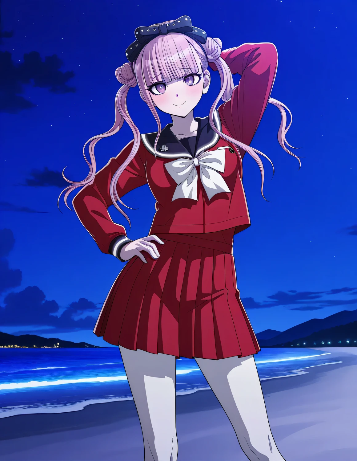 kako, pink hair, purple eyes, twintails, double bun, bow, blunt bangs, red serafuku, black sailor collar, red skirt, white pantyhose, anime screencap, high quality, closed mouth, solo, cowboy shot, night sky, beach, hand behind head, hand on hip, ((contrapposto)), looking at viewer, wavy mouth, shy, smile, best quality,