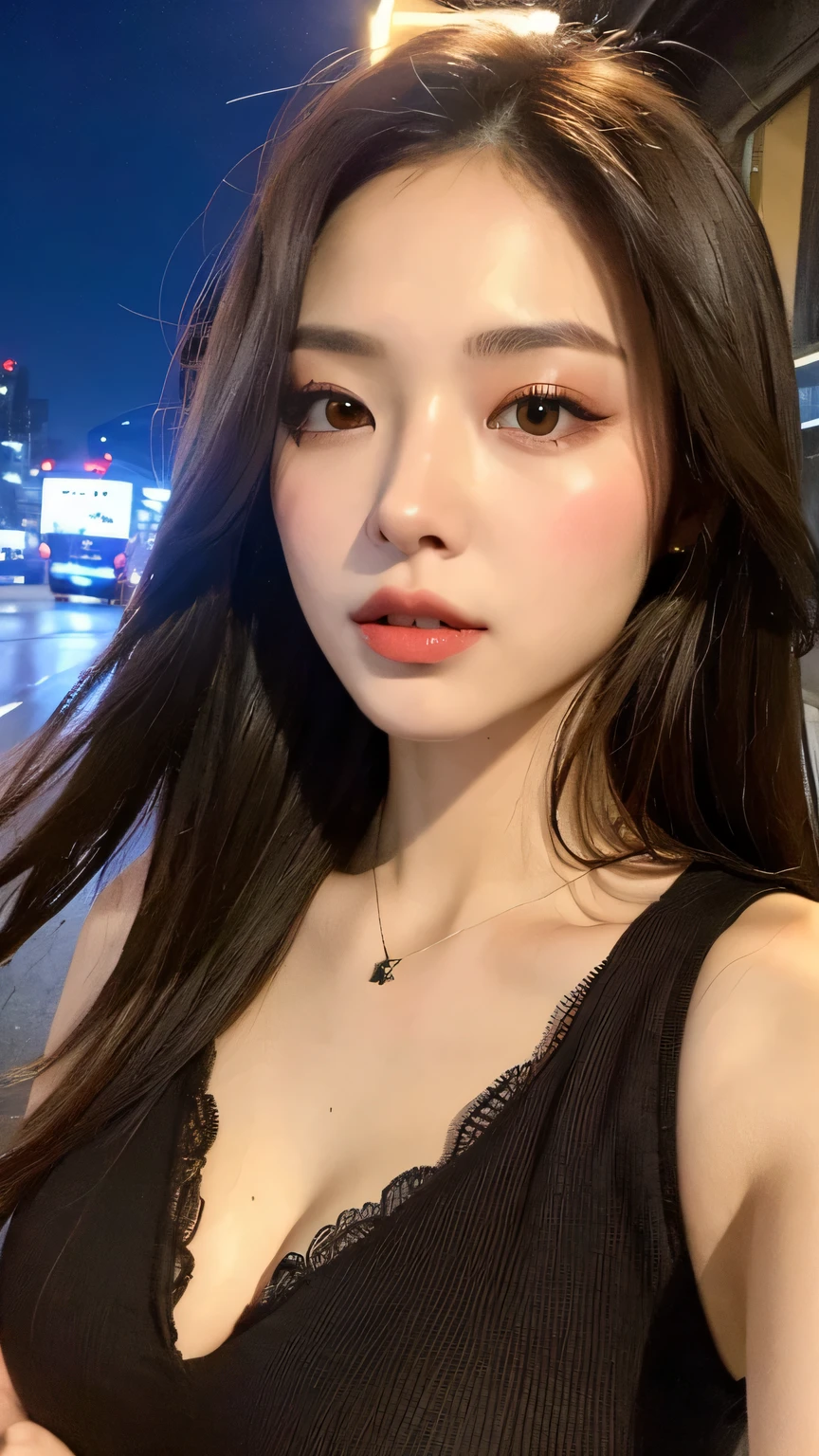 ((Night Scene, Realistic Light, Best Quality, 8k, Masterpiece: 1.3)), 1 Girl, Slim Body Beauty: 1.4, Brown Hair, (Big: 1.3), Off Shoulder Cut Top: 1.3, Ultra Detailed Face, Detailed Eyes, Double Eyelids, Disneyland, Ferris Wheel, Merry-Go-Round, Roller Coaster, Cleavage