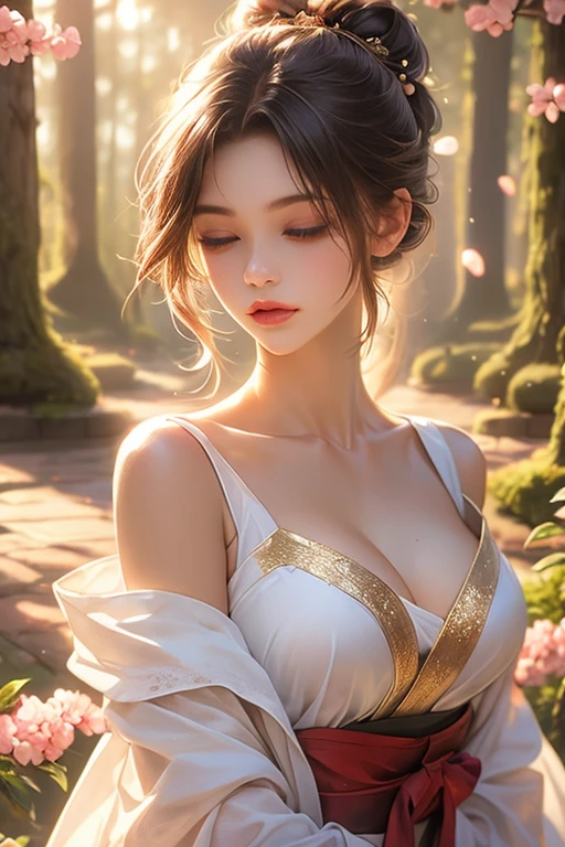 32k, Masterpiece, Highest quality, One girl, Detailed eyes, flower,gladiolus, Yellow and pink style,A dreamy, romantic piece,Pale yellow, Mysterious Leaves,A playful arrangement,Fantasy,High Contrast,Ink strokes,explosion,Exposure, Impression of yellow and white tones,Abstract,((Watercolours by John Berkey and Jeremy Mann )) Brush strokes,Negative Space, Tyndall effect,