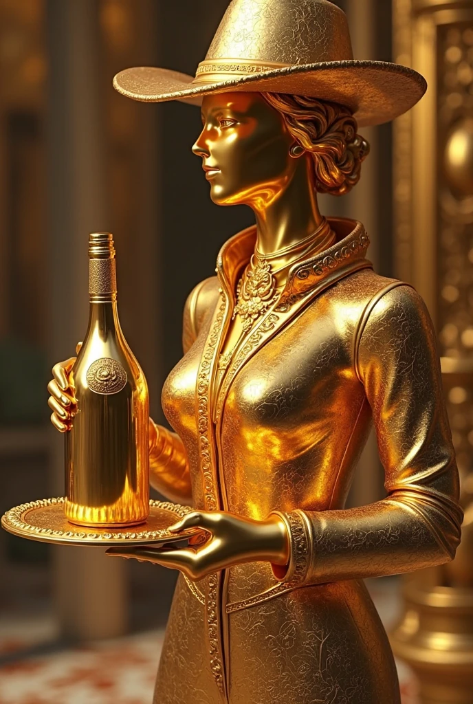 An apple made of gold next to a red silk dress with white gloves and a navy blue hat in 3D