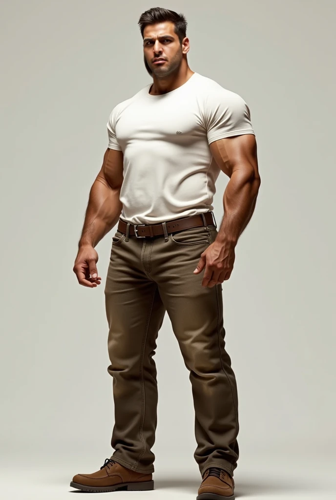 muscular man hairy-body clean-shaved wearing tight-tucked-in-white-polo-shirt tight-black-pants and black-and-white-nike-dunks-sneakers standing camera-positioned-infront-of-man photograph large- bright image