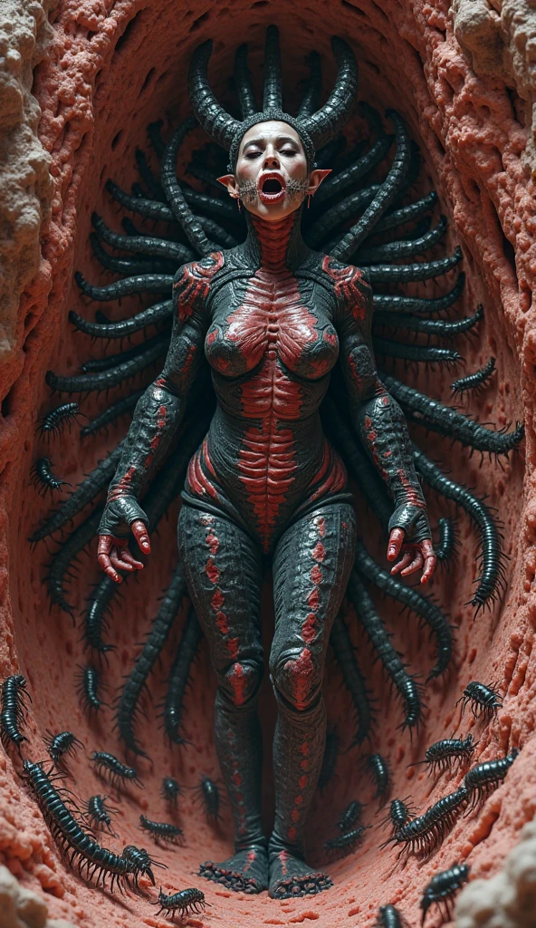 reddish-brown environment, athletic build and an imposing presence. Her skin has a dark, almost black complexion, surrounded by a swirling, and her face is adorned with intricate, adding to the alien-like appearance., earthy brown, angry look. The skin tone is a deep, and glowing appearance