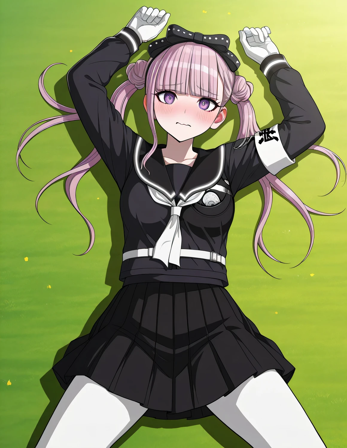 kako, pink hair, purple eyes, twintails, double bun, bow, blunt bangs, black serafuku, black skirt, armband, white gloves, white pantyhose, game screencap, high quality, solo, lying, on back, arms up, legs apart, cowboy shot, closed mouth, wavy mouth, shy, on field, looking at viewer, best quality,