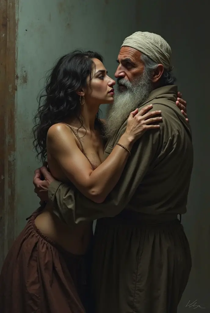 Pale skin bun hair kurdish nude woman talking with a Indian man in house consistent fixed