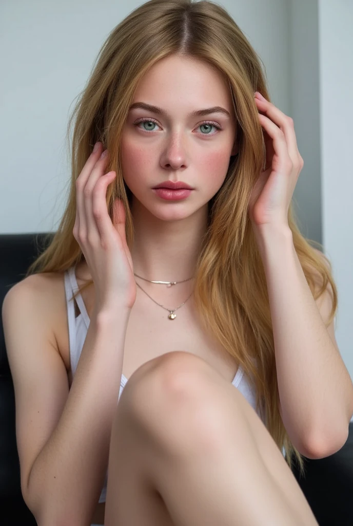 A (((full-body))) picture of an ethereally beautiful 1 girl. She has youthful caucasian features and ((very pale white skin)). Her eyes are a striking blue, and she is wearing ((heavy black eye makeup)). She has a very slim body with long thin legs and large round breasts. She is wearing a tight white crop top, a very short black miniskirt, and black boots. She is sitting in a provocative pose that shows off her legs, and her (((whole body from head to toe))) is shown in the photo.