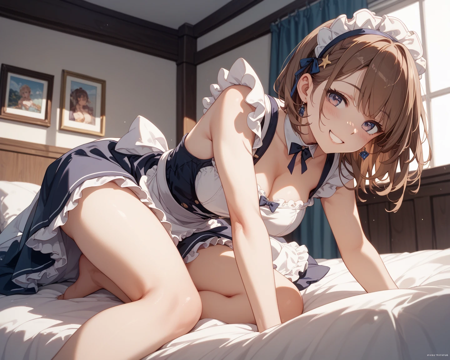 (footjob), Masterpiece、Highest quality、Highest quality, (long and thin legs, shoes:1.2), Arm behind wrist, squat、Spread your legs、1 girl, (smile、Open your mouth大笑い:1.2), Cute eyes, (Detailed face:1.3)、Open your mouth, The whole face turns red, alone, Big and ample breasts, (Straight bangs, bowl cut), White maid outfit、Side bust、Underbust、belly button、Walking through the mansion'corridor、nsfw、shoes下