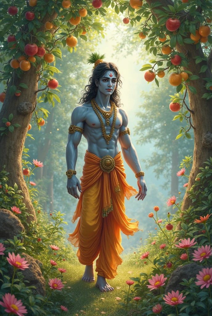 श्री कृष्ण एक सुंदर गोकुल के प्राकृतिक दृश्य के सामने खड़े हैं, घने जंगल और खिलते फूलों के बीच, और एक दिव्य आभा से घिरे हुए हैं। उनके चेहरे पर शांति और ज्ञान की चमक है।"