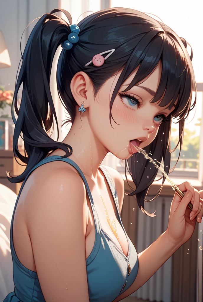 Young girl with black hair, long twintail, twintail hairstyle, (blue eyes),, ((small pink bushy eyebrows)),naked, lolicon (Zankuro) drawing style by zankuro artist, ザンクロー style, image uploaded to R34, girl sucking penis cum bubbling out her mouth, in a street, girl giving a deepthroat blowjob to male, multiple vignettes