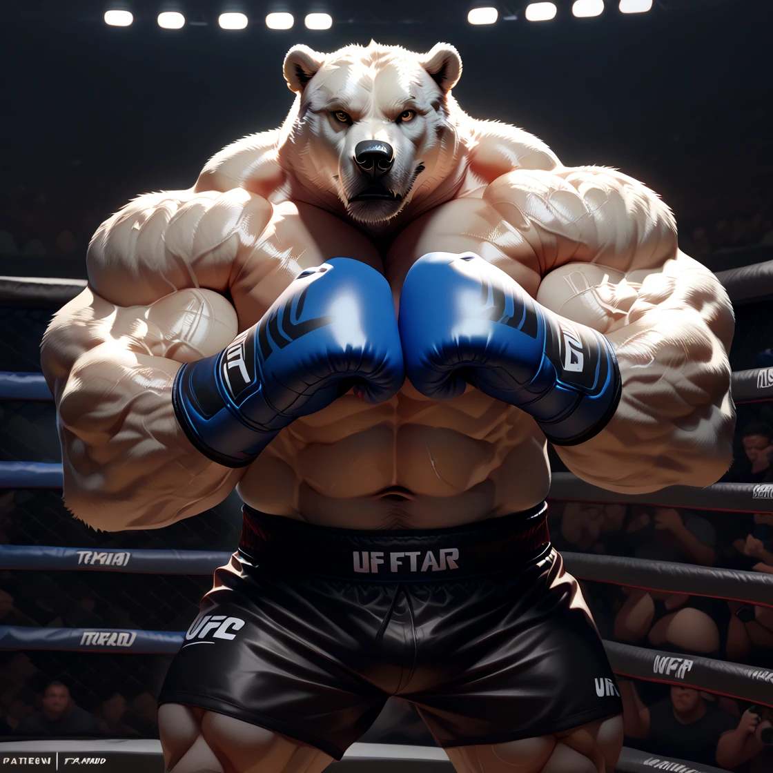 score_9, score_8_up, score_7_up, rating_rule34,source_furry,anthro,source_3D,
white wolf Alone in a fighting ring Wearing boxer gloves.  (Red eyes) Looking at the viewer And those shorts that fighters wear in the UFC.