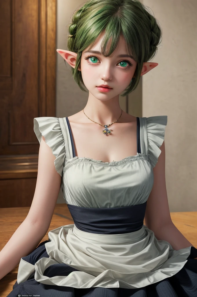 30 year old woman from Saturn, elf ears, thick athletic body, beautiful, cute, green ponytail hair with flower headband, wearing long black dress at news studio