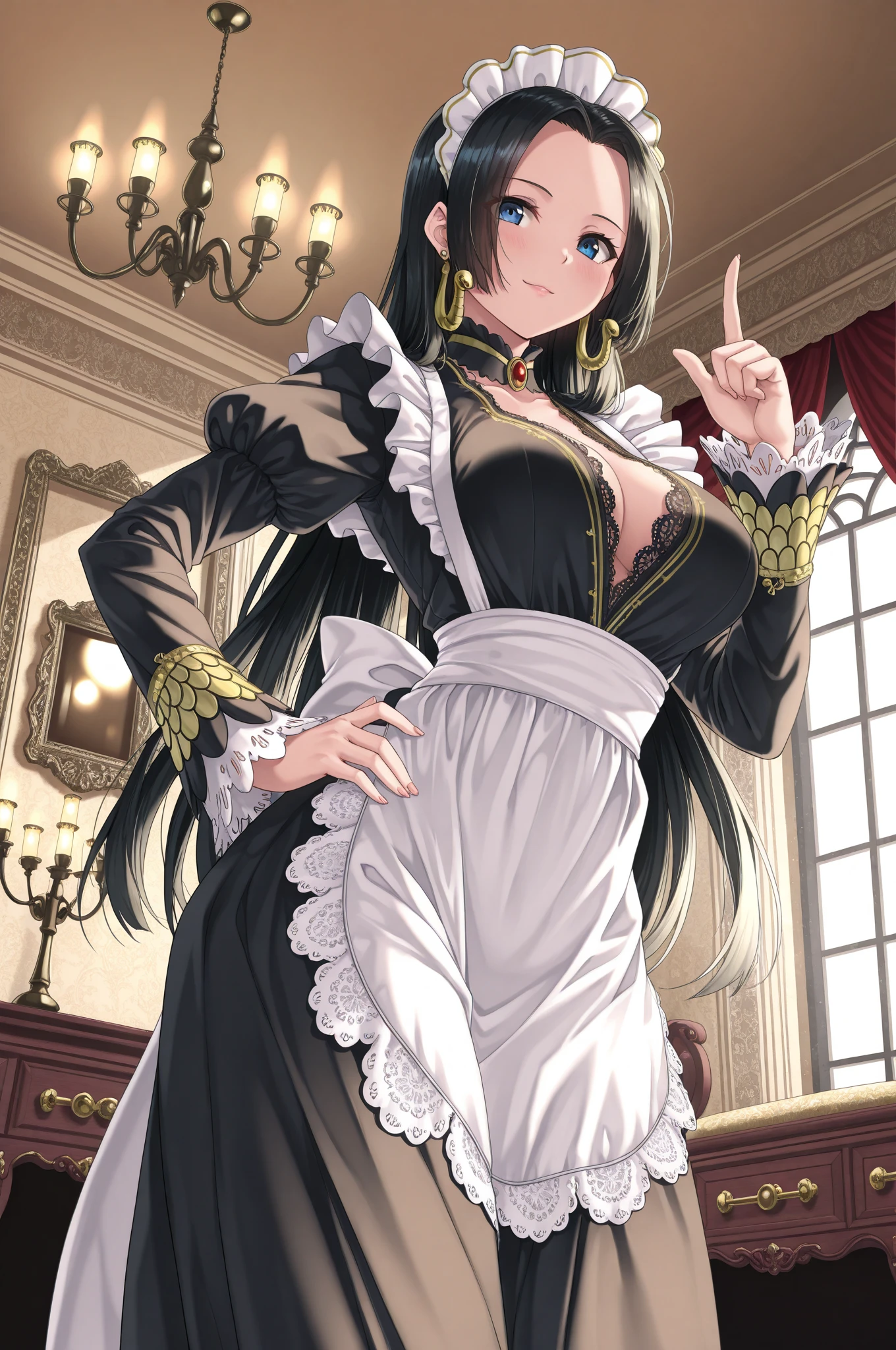 Black hair 18 year old girl In a medieval castle room Dressed as a maid Longer hair Physical appearance similar to the anime character Marin Kitagawa Blushing A little more breasts 

