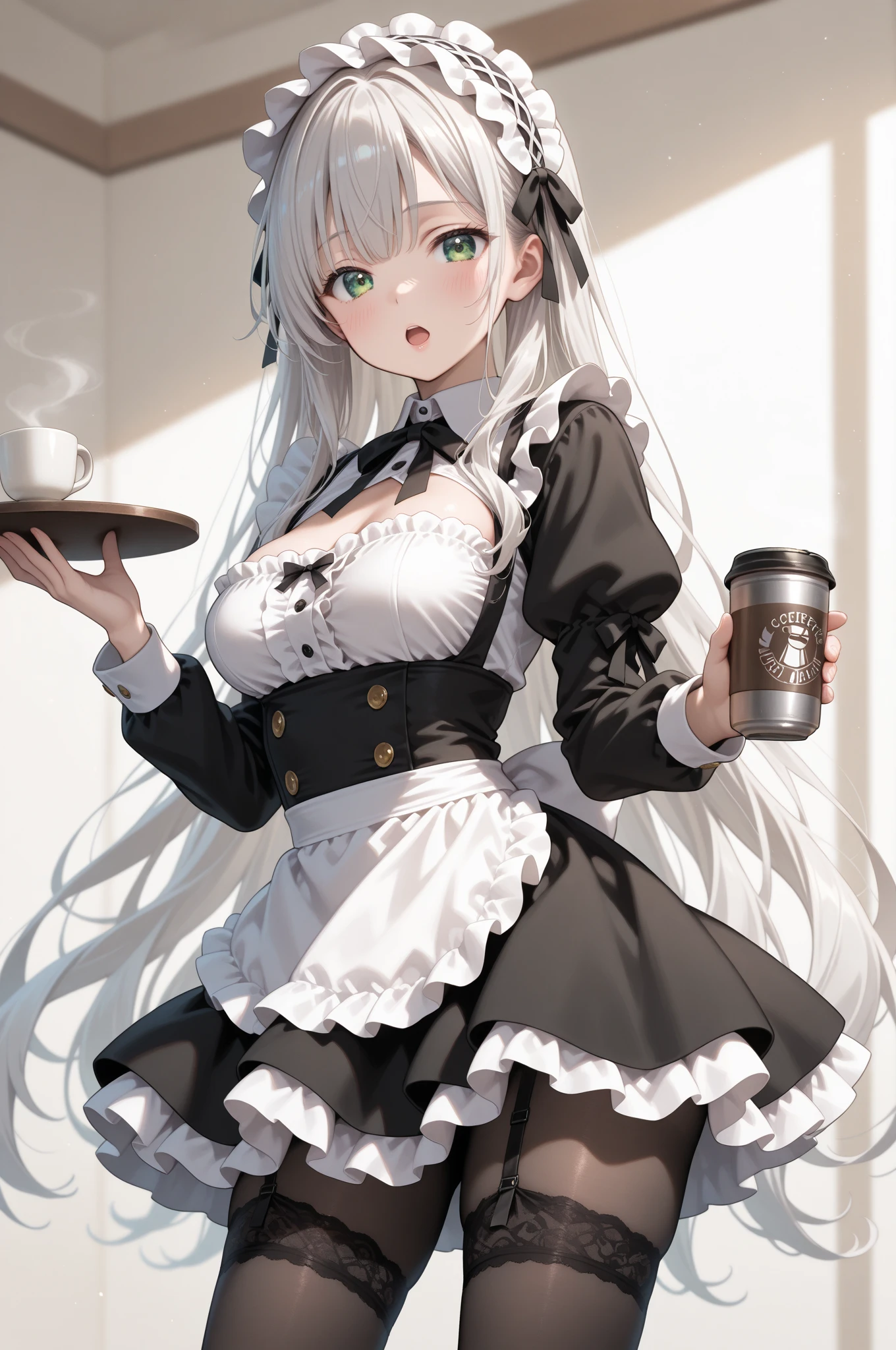 Silver Hair、Blue Eyes、girl、Small breasts、Twin tails、girl、Small breasts、Lolita、Bright smile、Looks about 15 years old、Petan Musume、He is short、Eye highlights、Sexy thighs、Wearing maid uniform、Have a coffee