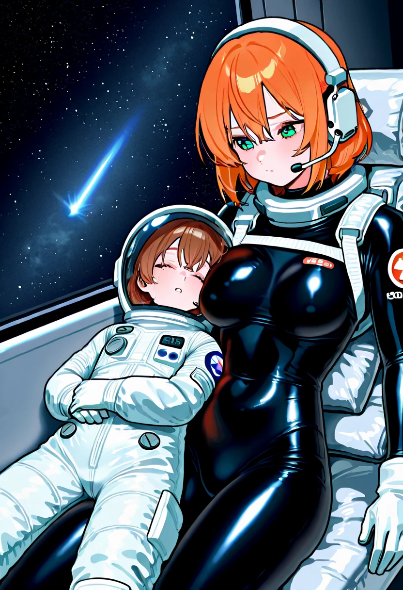 masterpiece, best quality,, , ,(fingering :1.5), 2girls, yuri, indoors, blush, 2girl, sex eva helm, astronaut), masturbation, fingering, female_masturbation, spacesuit, space helmet, bubble helmet, sitting, legs open, legs raised, space helmet, bubble helmet, (grab breast:1.7),