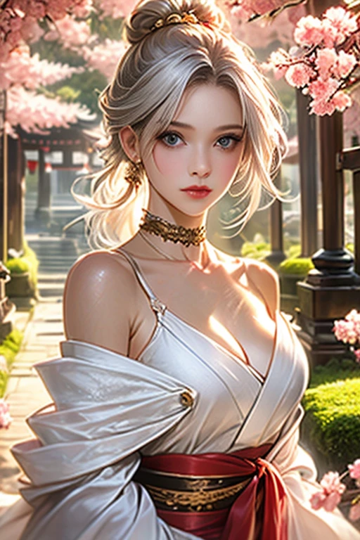 Landscape of an woman, Landscape of a very beautiful woman, (((cowboy shot))), ((Exposed Eyes))!!, full body photography with Fujifilm XT3, depth of field, film grain, female focus, exposed eyes, Tobiichi Origami/(Date A Live/), anime style,  (leaning against a single tree)!!, (flower plain)!!, japanese shrine, There are birds in the sky, There are butterflies, japanese shrine, The sky is blue, looks at the camera with Beautiful grey pupil's eyes, (Beautiful grey pupil's eyes like mirror :1.40)!!, (((homochromatic eyes)))!!!, Stars in her fixed eyes, Ultra detailed eyes, seductive smile, beautiful smile, gorgeous smile, (Blush)!! Perfect nose, Cute little nose, Earrings, beatiful face, Face Clean, Skin, hyper realistic, Incredibly detailed face, hyper detailed face, A face with a lot of detail, Perfect eye shadow, wink, Hyper-Detailed Eyes, Hyper-detailing of eyebrows, Hyper-detailed eyelashes, white hair between eyes, white hair bangs, (ultra shine white hair)!!, (short smooth straight hair)!!, (flying head crown)!!, ((dynamic composition)), ((Bare Shoulders))!!, detached sleeves, (((wear spirit costume)))!!!, detailed realistic clothes, neck garter, seductive armpit, plump breasts, (Breasts covered with white lace)!!, ultra seductive temptation, charming pose, open skirt, slim legs, petticoat, fishnet legs, stockigs, smooth thighs cleavage, garter thighs, leather shoe, erotic, Best Quality, Masterpiece, Ultra-detailed, Beautiful, hight resolution, Original, CG 8K, perfect photo, dramatic  lighting, (Realistic) Realistic, Full HD, Best Quality, Best Quality, Beautiful lighting, (8k wallpaper of extremely detailed CG unit), High Details, sharp-focus, The art of dramatic and photorealistic painting, (flower plain)!!, (leaning against a single tree)!!, japanese shrine, There are birds in the sky, There are butterflies, japanese shrine, The sky is blue, dynamic composition