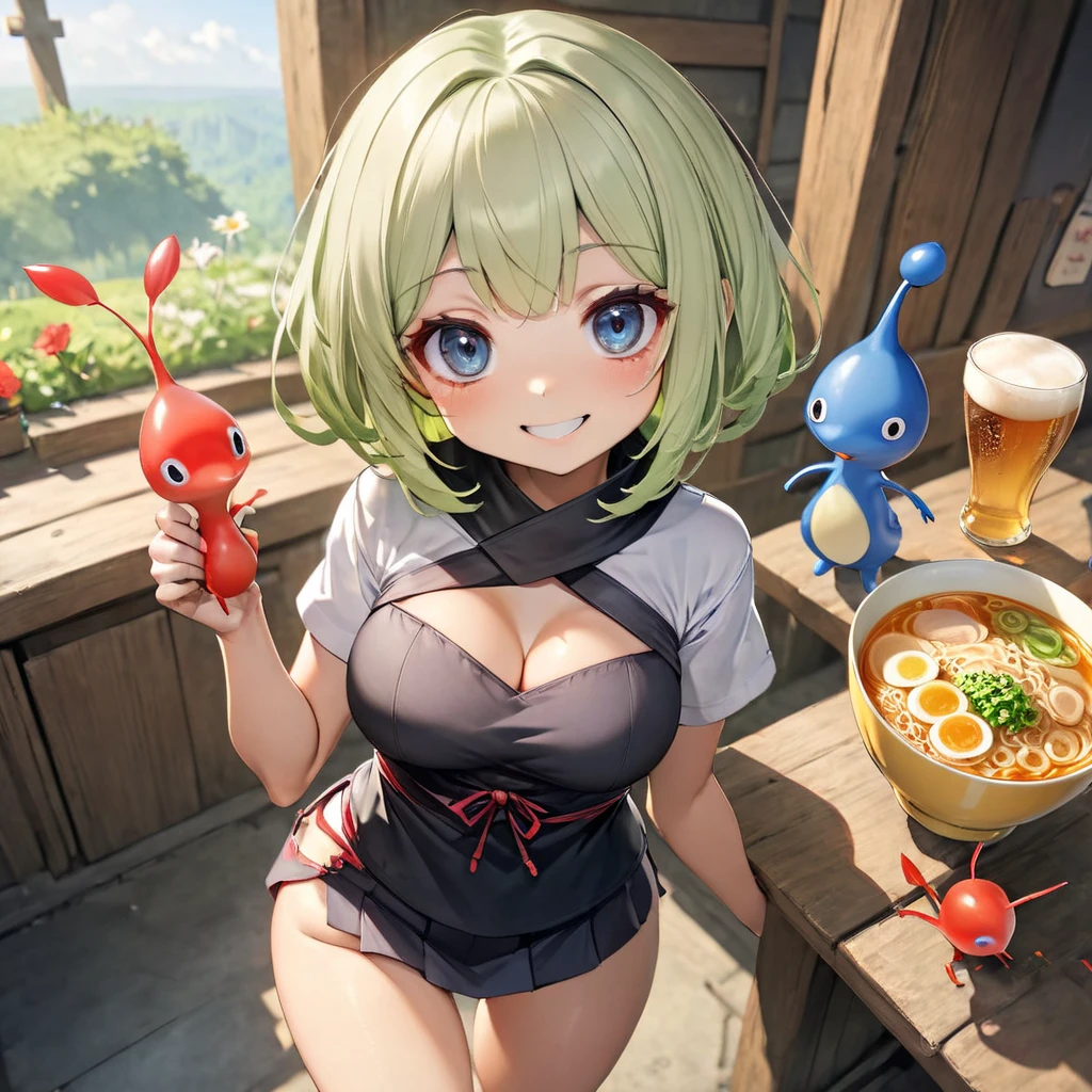1girl, 1 green alien, spaceship, ((orange hair)), cowgirl, large breasts, ((brown sleeveless vest)), red top, ((full cleavage)), red eyes, cowboy hat, brown boots, smile, looking at the viewer