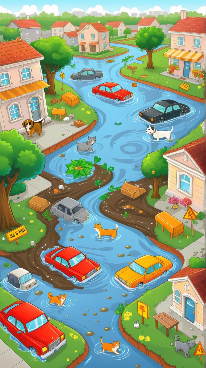 masterpiece,(cartoon style), <lora:CartoonStyle_Hap_XL:1>, creates an environment of climate disaster, mud and water, submerged cars, people in trees, flooded streets, dogs and cats on wet sidewalks, caricature comic style.