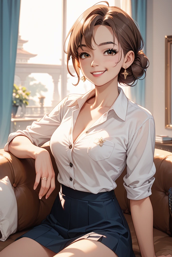 ((highest quality, 8K, masterpiece, Portraiture: 1.3)), (Looking at the audience), (Full Shot:0.85), Attractive business mature woman, 1 person, Slightly thicker:0.4,Light brown medium hair、 White collared shirt, Grey tight skirt,(Big Breasts) (Large pelvis:0.9), ((Are standing)), conference room、,Good posture、Afternoon H-stab insertion conference room、Bright room、((A gentle smile))、A gaze that seduces viewers、