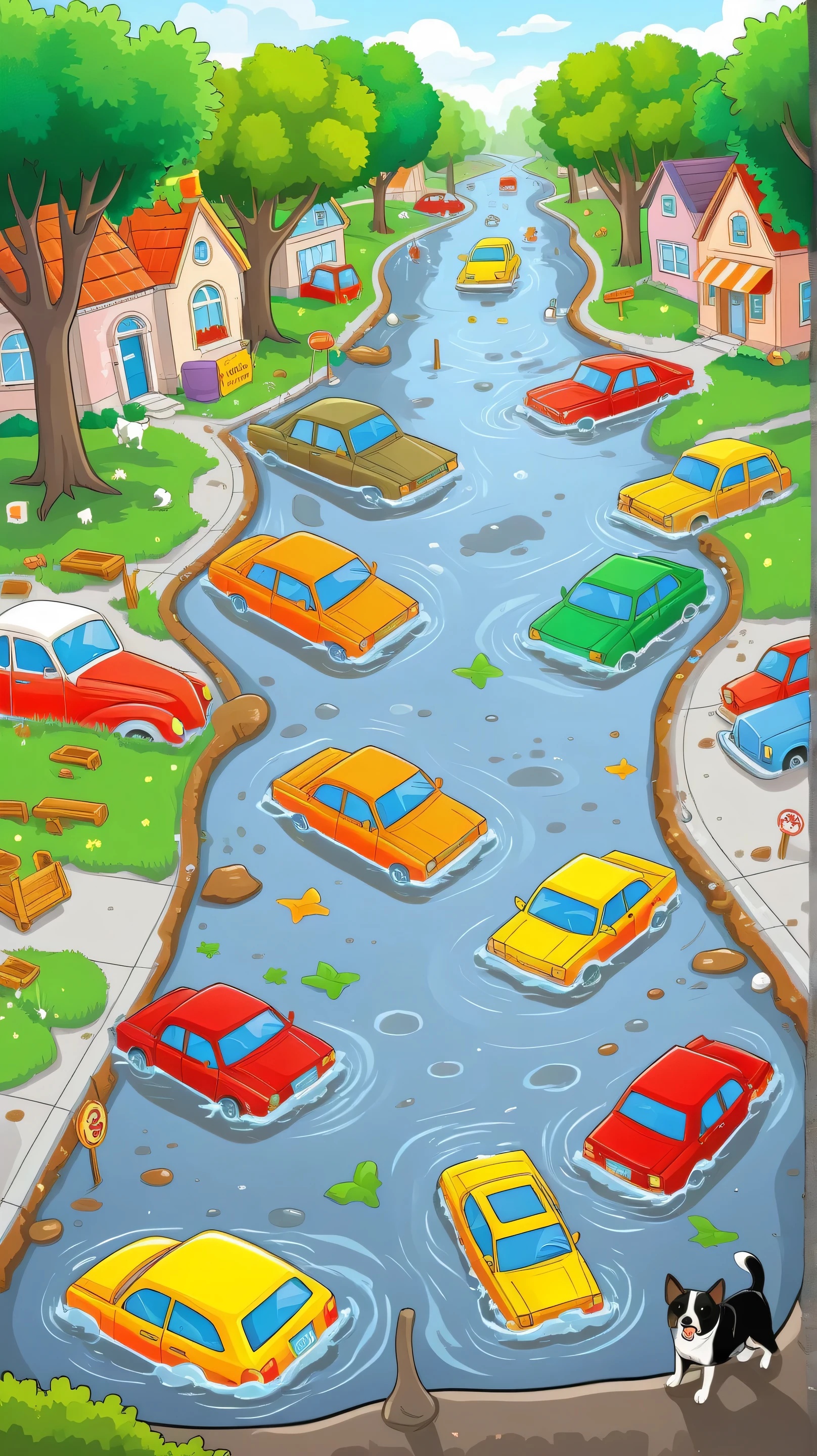 masterpiece,(cartoon style), <lora:CartoonStyle_Hap_XL:1>, creates an environment of climate disaster, mud and water, submerged cars, people in trees, flooded streets, dogs and cats on wet sidewalks, caricature comic style.